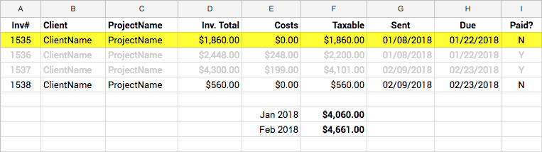 How I track invoices: paid, unpaid and the taxable total